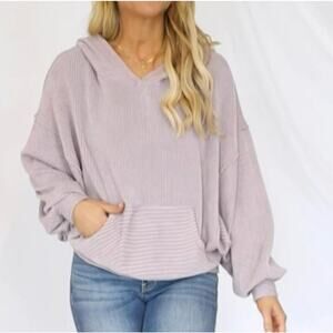 Pink Lily Stylish Splendor Slouchy Hoodie Ribbed Beige Small Pullover Vneck